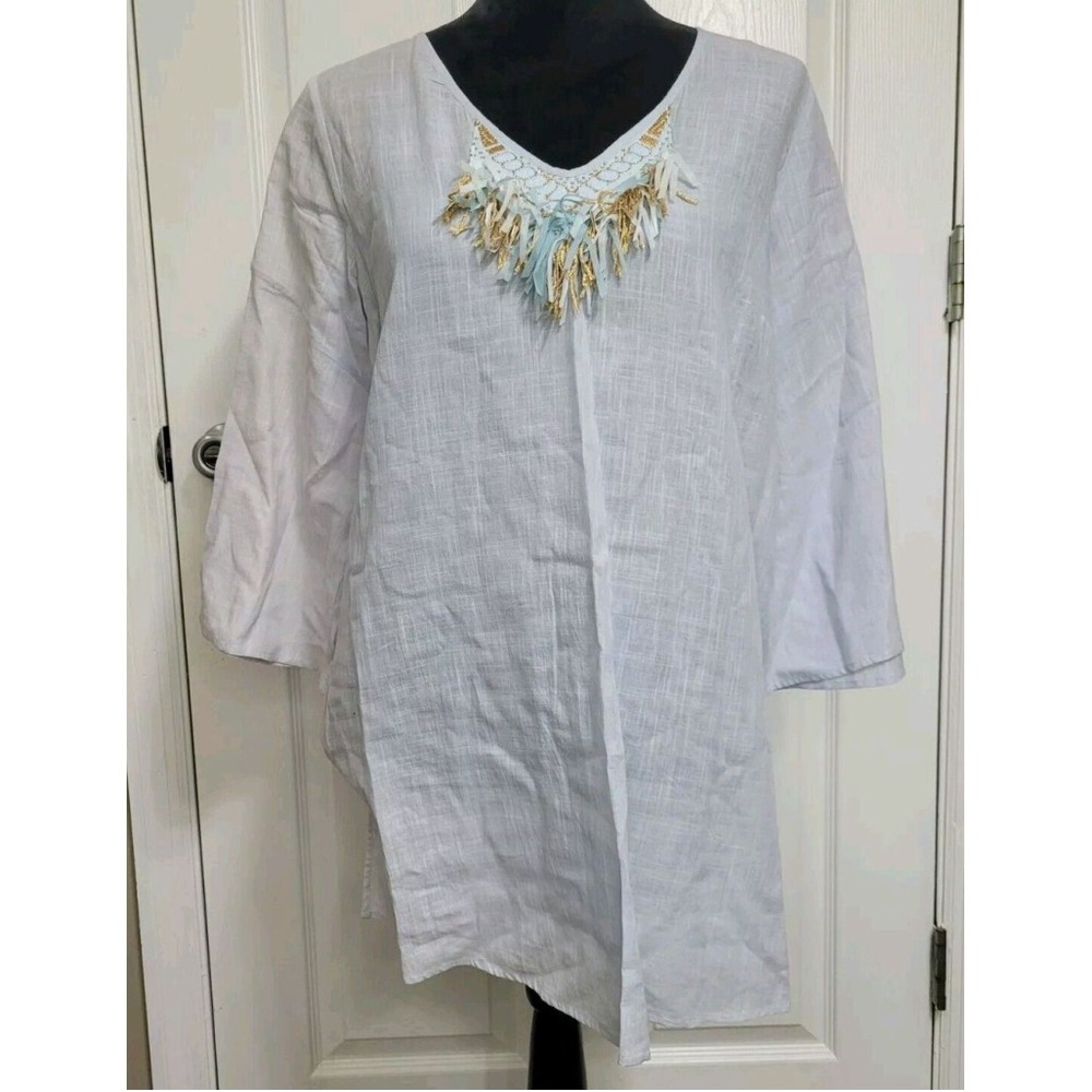 Buckley K Blue V-Neck Tunic Top 3/4 Bell Sleeves Fringe Womens Size M